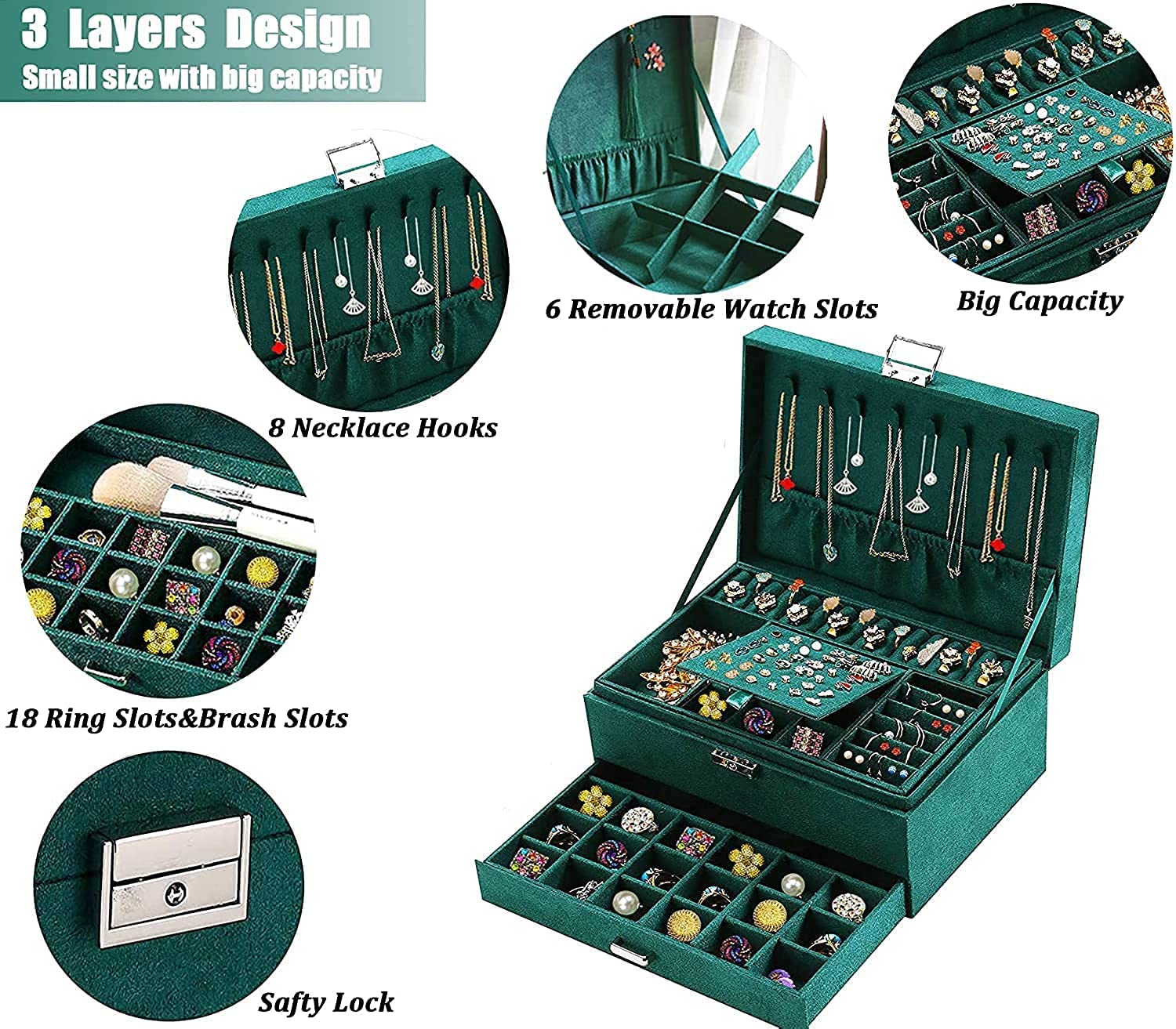 Large Jewellery Organiser with Drawer 3-Layer Velvet Jewellery Boxes/Jewellery Storage Case with Lock for Rings, Necklace And Earrings/Wedding Birthday Gift Box for Women