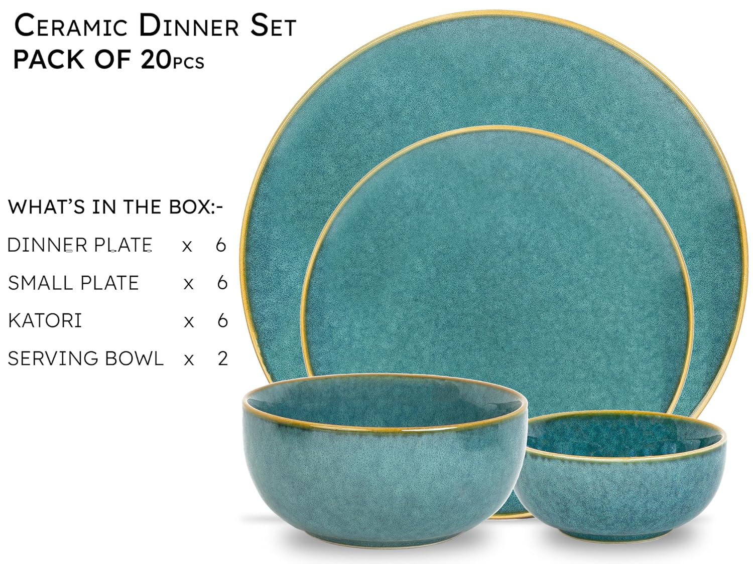 Bodhi House Handcrafted Stoneware Ceramic Dinner Set, 20 Pieces Dish Set Serving for 6, Microwave and Dishwasher Safe, Bone-ash Free, Crockery Set for Dining and Gifting, Ocean Green