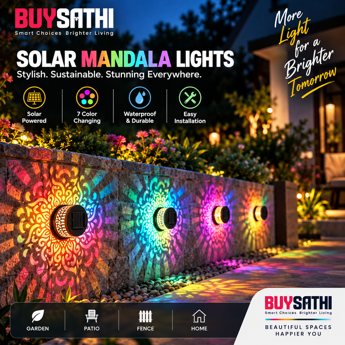 Solar Mandala Lights Outdoor Wall, 7 Color Changing Solar Projector Light, Waterproof Metal Decorative Light for Garden Fence Patio Backyard