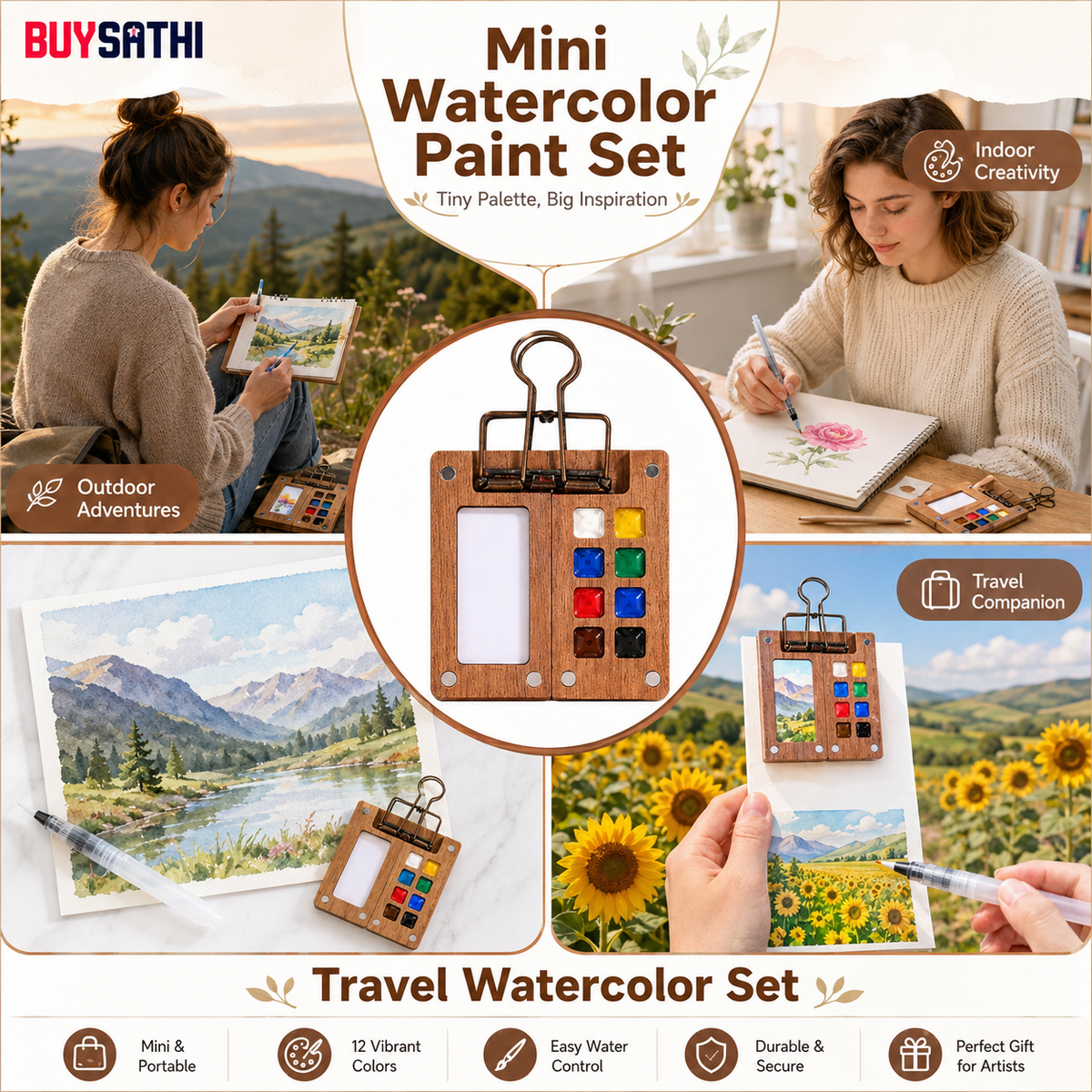 Pocket Watercolor Paint Set, 12 Colors Mini Travel Painting Kit with 8-Grid Palette, 58-Sheet/116 Page Sketchbook, Water Brush Pen and Binder Clip for Artists & Students