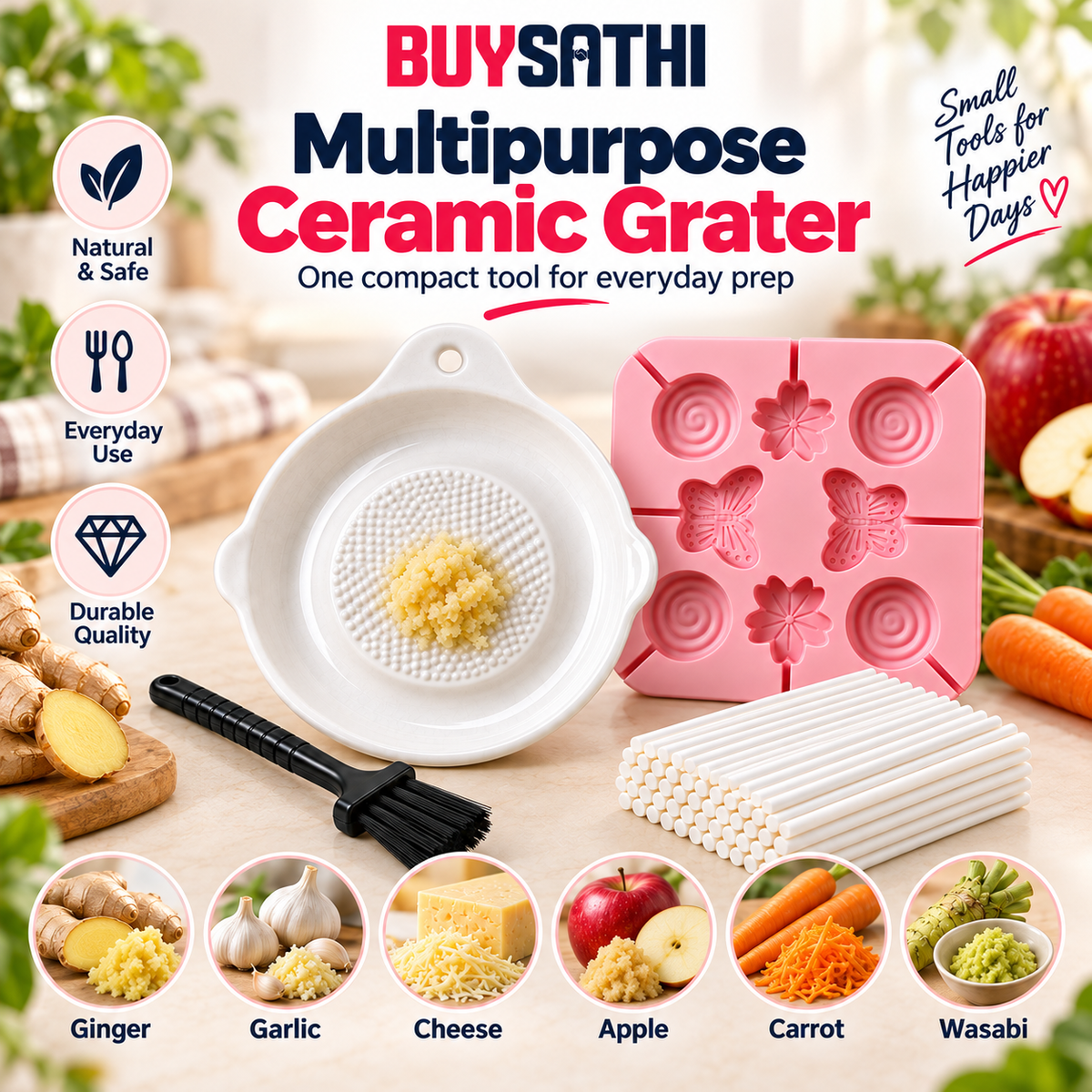 Ceramic Garlic Grater Plate with Brush & 8 Cavity Silicone Lollipop Mould with 100 Free Sticks, Ginger Garlic Turmeric Grater & DIY Candy Chocolate Ice Lollipop Making Mould Combo