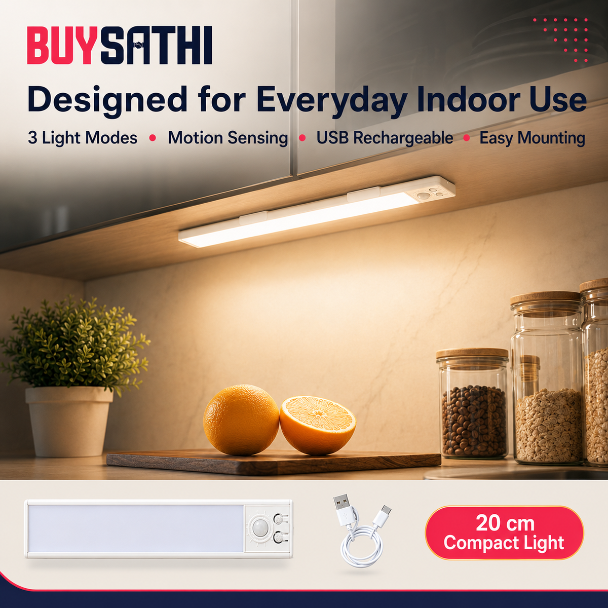Under Cabinet Lights Rechargeable, Motion Sensor Under Cabinet LED Light, 3 Color Modes Wireless Rechargeable Closet Light, Super Bright Stick-On Light Bars for Kitchen (20 CM)
