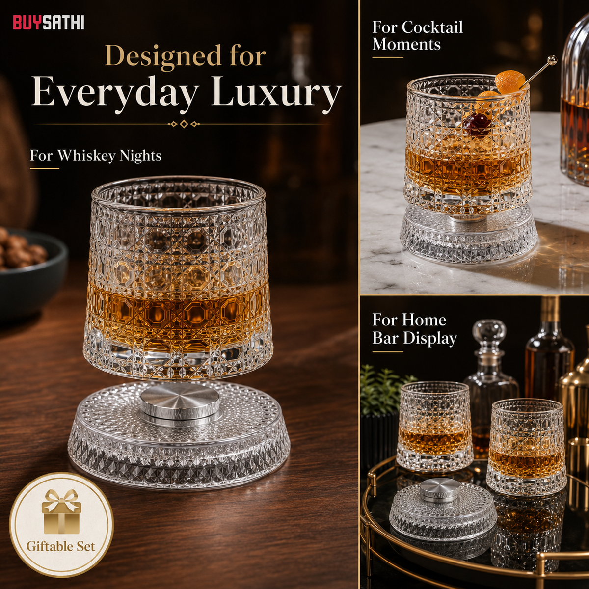Luxury Rotating Whiskey Glass | Crystal Cut Spinning Whisky Glass with 360 Degree Rotating Coaster | Premium Barware Gift for Men & Whiskey Enthusiasts