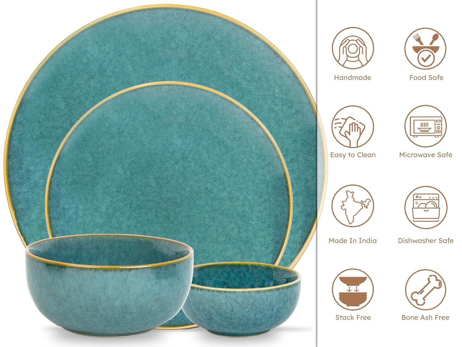 Bodhi House Handcrafted Stoneware Ceramic Dinner Set, 20 Pieces Dish Set Serving for 6, Microwave and Dishwasher Safe, Bone-ash Free, Crockery Set for Dining and Gifting, Ocean Green
