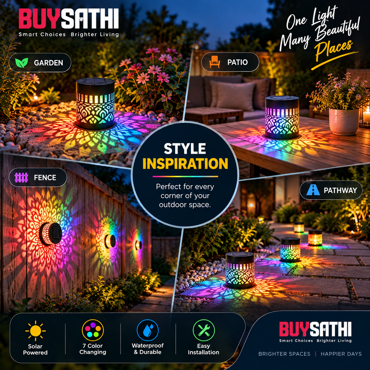 Solar Mandala Lights Outdoor Wall, 7 Color Changing Solar Projector Light, Waterproof Metal Decorative Light for Garden Fence Patio Backyard