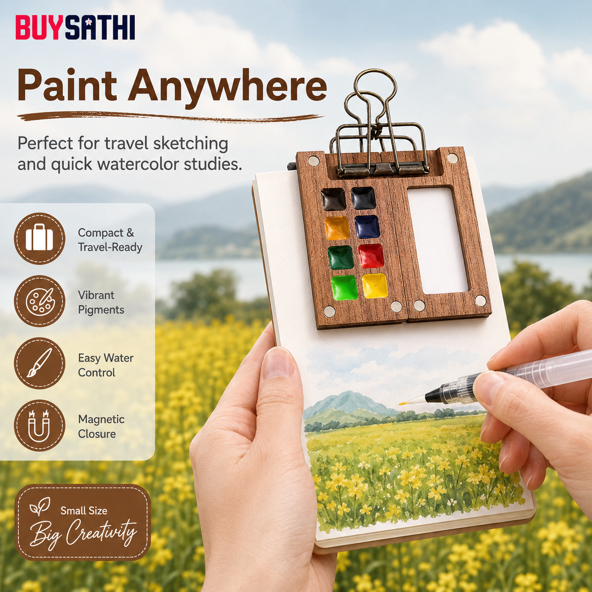 Pocket Watercolor Paint Set, 12 Colors Mini Travel Painting Kit with 8-Grid Palette, 58-Sheet/116 Page Sketchbook, Water Brush Pen and Binder Clip for Artists & Students