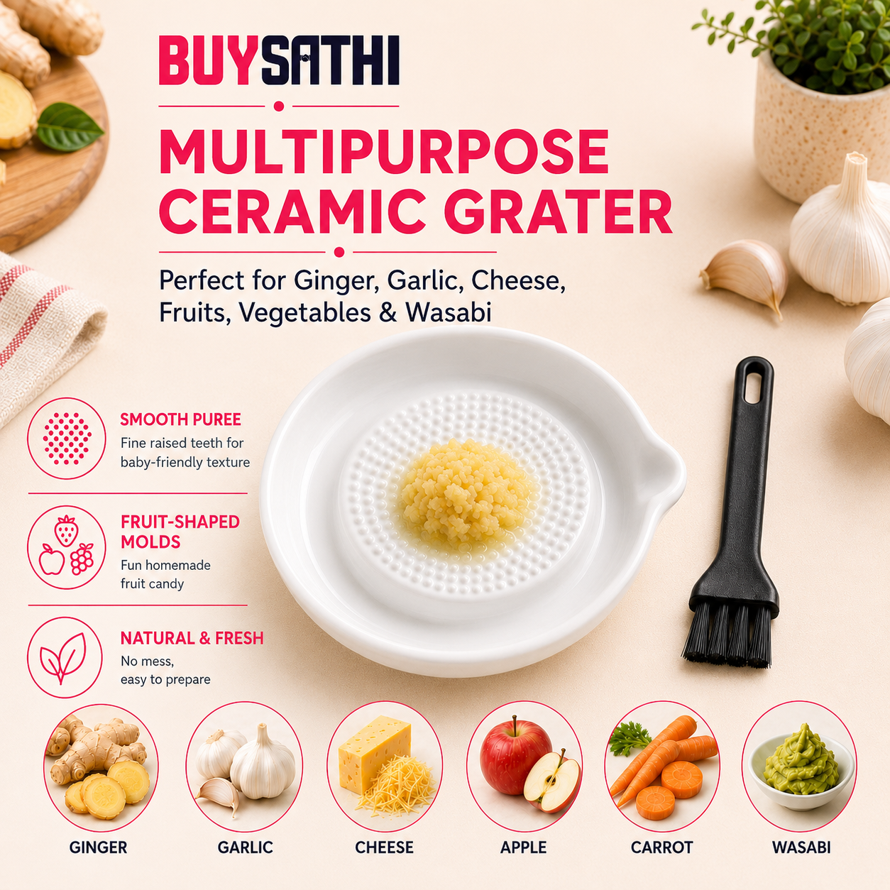 Ceramic Ginger Garlic Grater Plate with Brush Manual Crusher Grinder Tool for Ginger, Garlic, Turmeric, Nutmeg, Fruits & Vegetables Durable, Easy to Clean, Non-Slip Kitchen Utensil (4.7 Inch)