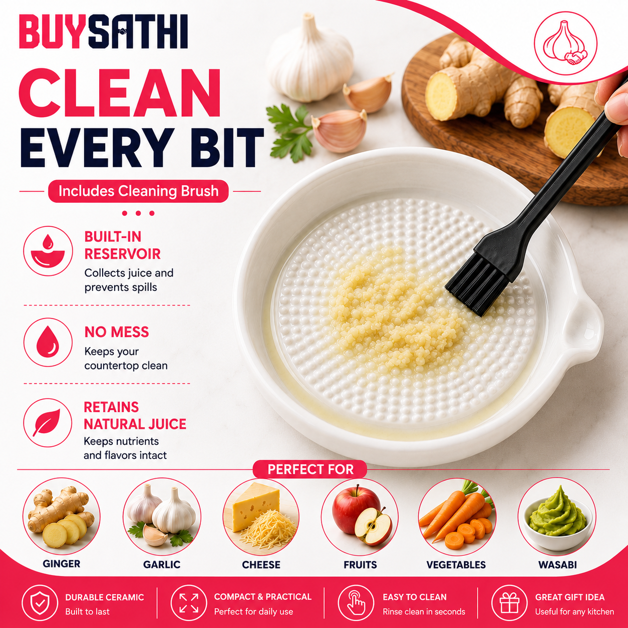 Ceramic Ginger Garlic Grater Plate with Brush Manual Crusher Grinder Tool for Ginger, Garlic, Turmeric, Nutmeg, Fruits & Vegetables Durable, Easy to Clean, Non-Slip Kitchen Utensil (4.7 Inch)