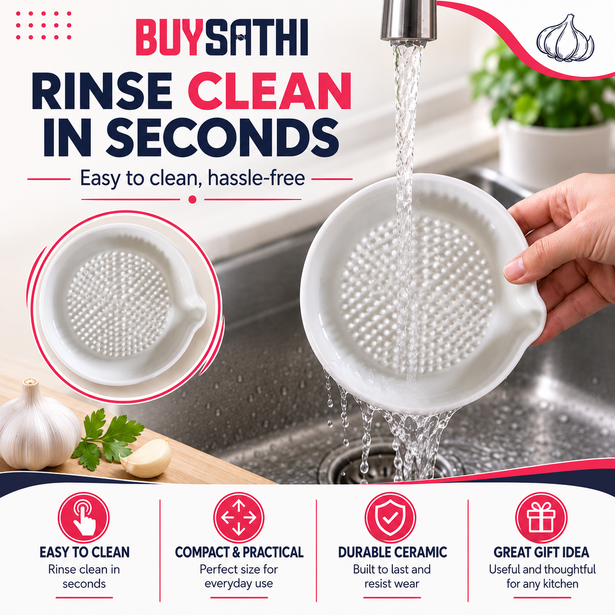 Ceramic Ginger Garlic Grater Plate with Brush Manual Crusher Grinder Tool for Ginger, Garlic, Turmeric, Nutmeg, Fruits & Vegetables Durable, Easy to Clean, Non-Slip Kitchen Utensil (4.7 Inch)