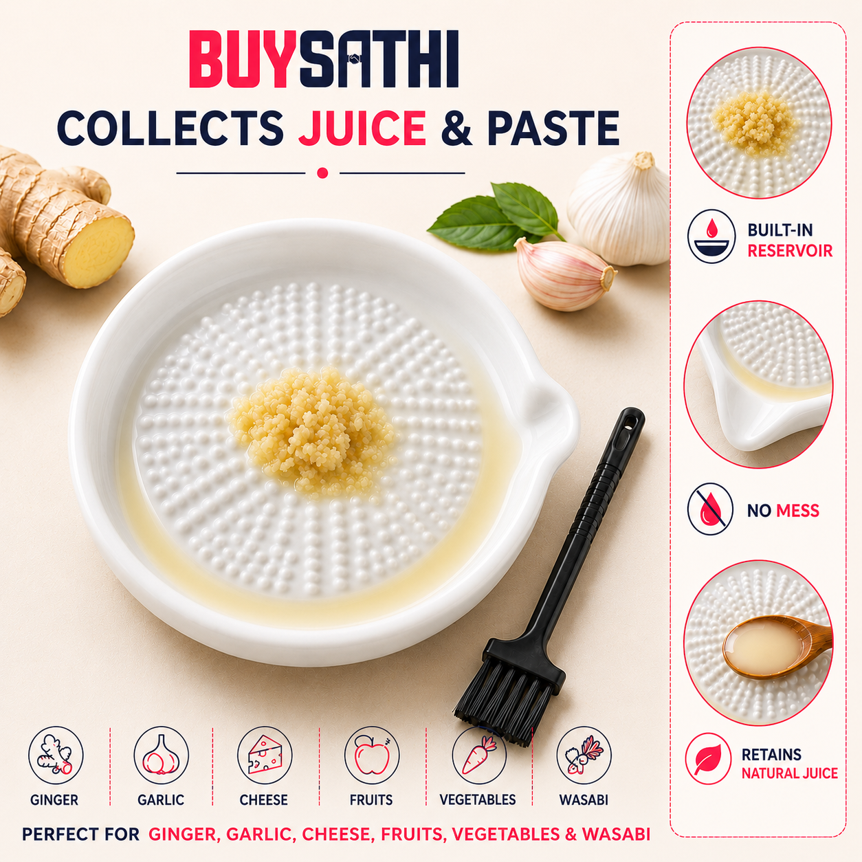 Ceramic Ginger Garlic Grater Plate with Brush Manual Crusher Grinder Tool for Ginger, Garlic, Turmeric, Nutmeg, Fruits & Vegetables Durable, Easy to Clean, Non-Slip Kitchen Utensil (4.7 Inch)