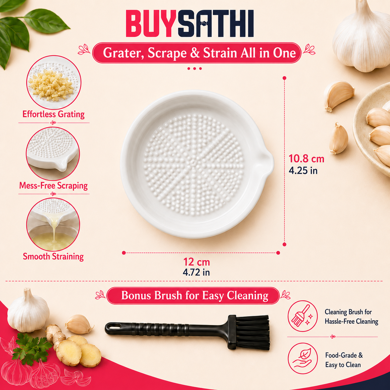 Ceramic Ginger Garlic Grater Plate with Brush Manual Crusher Grinder Tool for Ginger, Garlic, Turmeric, Nutmeg, Fruits & Vegetables Durable, Easy to Clean, Non-Slip Kitchen Utensil (4.7 Inch)