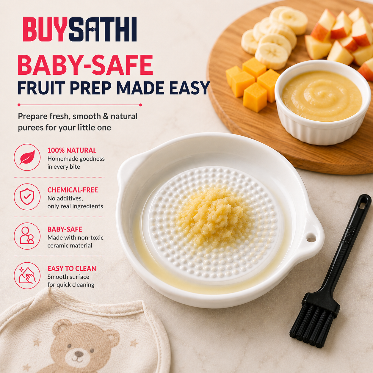Ceramic Ginger Garlic Grater Plate with Brush Manual Crusher Grinder Tool for Ginger, Garlic, Turmeric, Nutmeg, Fruits & Vegetables Durable, Easy to Clean, Non-Slip Kitchen Utensil (4.3 Inch)