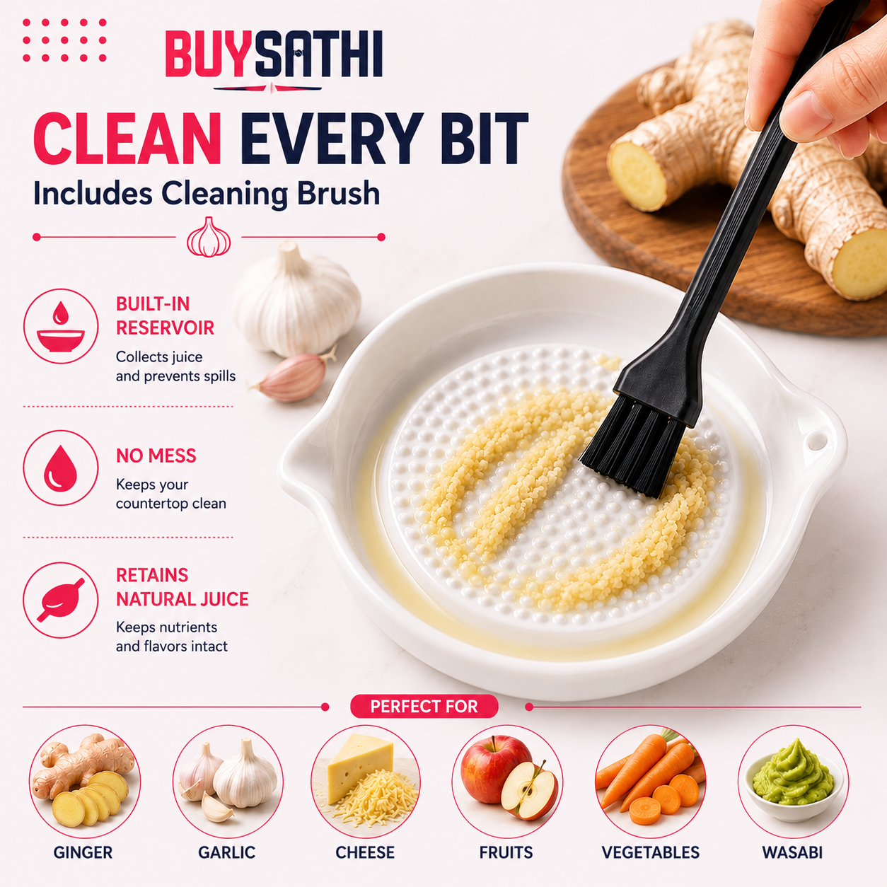 Ceramic Ginger Garlic Grater Plate with Brush Manual Crusher Grinder Tool for Ginger, Garlic, Turmeric, Nutmeg, Fruits & Vegetables Durable, Easy to Clean, Non-Slip Kitchen Utensil (4.3 Inch)