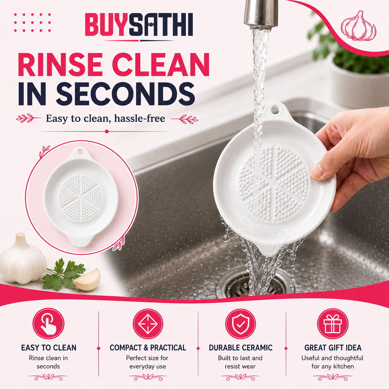 Ceramic Ginger Garlic Grater Plate with Brush Manual Crusher Grinder Tool for Ginger, Garlic, Turmeric, Nutmeg, Fruits & Vegetables Durable, Easy to Clean, Non-Slip Kitchen Utensil (4.3 Inch)