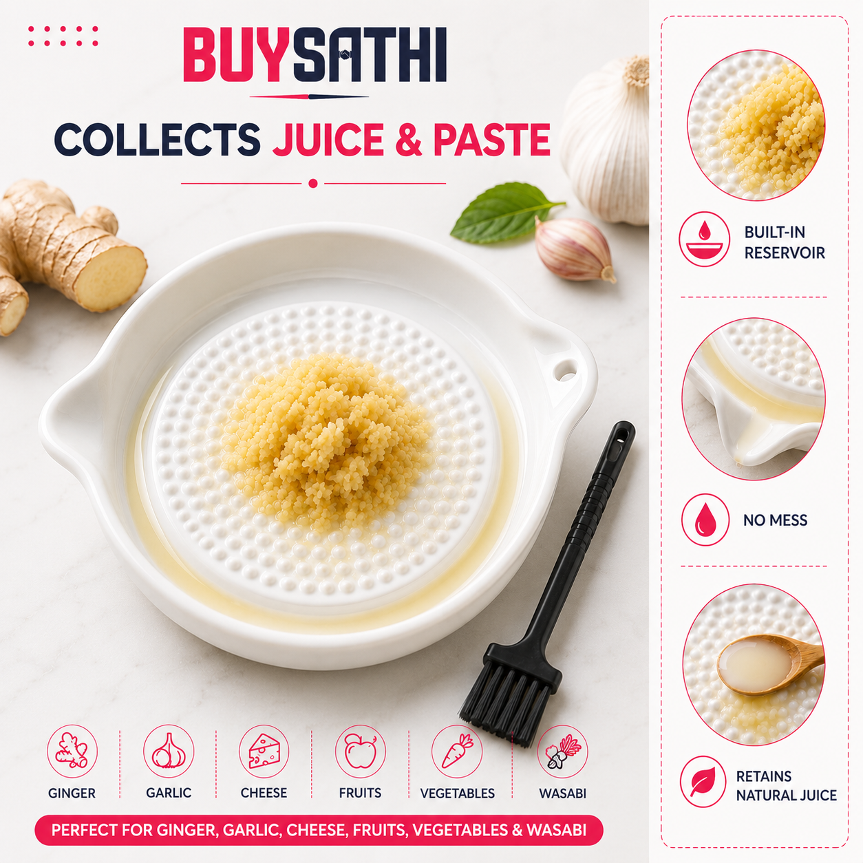 Ceramic Ginger Garlic Grater Plate with Brush Manual Crusher Grinder Tool for Ginger, Garlic, Turmeric, Nutmeg, Fruits & Vegetables Durable, Easy to Clean, Non-Slip Kitchen Utensil (4.3 Inch)