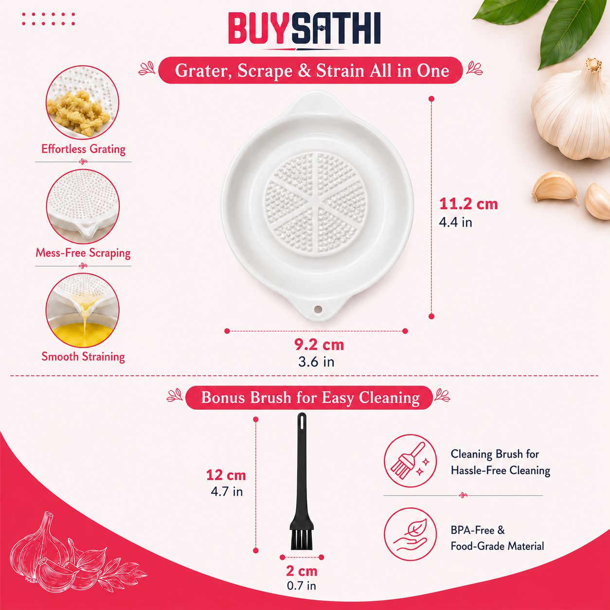 Ceramic Ginger Garlic Grater Plate with Brush Manual Crusher Grinder Tool for Ginger, Garlic, Turmeric, Nutmeg, Fruits & Vegetables Durable, Easy to Clean, Non-Slip Kitchen Utensil (4.3 Inch)
