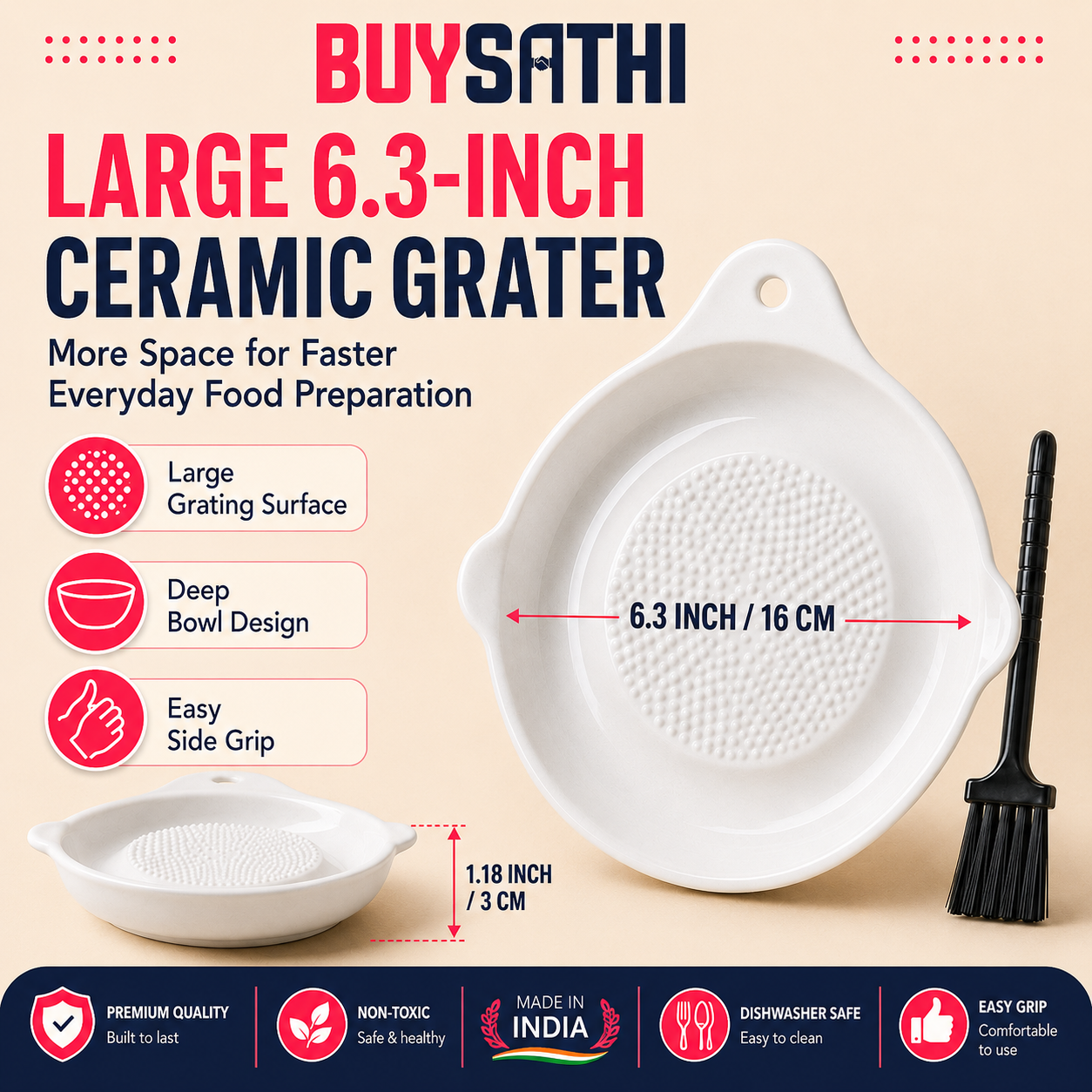 Ceramic Ginger Garlic Grater Plate with Brush Manual Crusher Grinder Tool for Ginger, Garlic, Turmeric, Nutmeg, Fruits & Vegetables Durable, Easy to Clean, Non-Slip Kitchen Utensil (6.3 Inch)