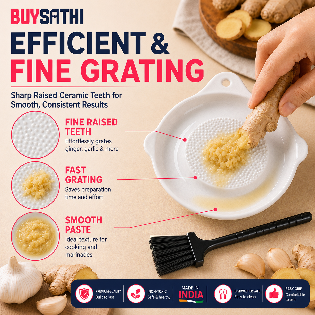 Ceramic Ginger Garlic Grater Plate with Brush Manual Crusher Grinder Tool for Ginger, Garlic, Turmeric, Nutmeg, Fruits & Vegetables Durable, Easy to Clean, Non-Slip Kitchen Utensil (6.3 Inch)