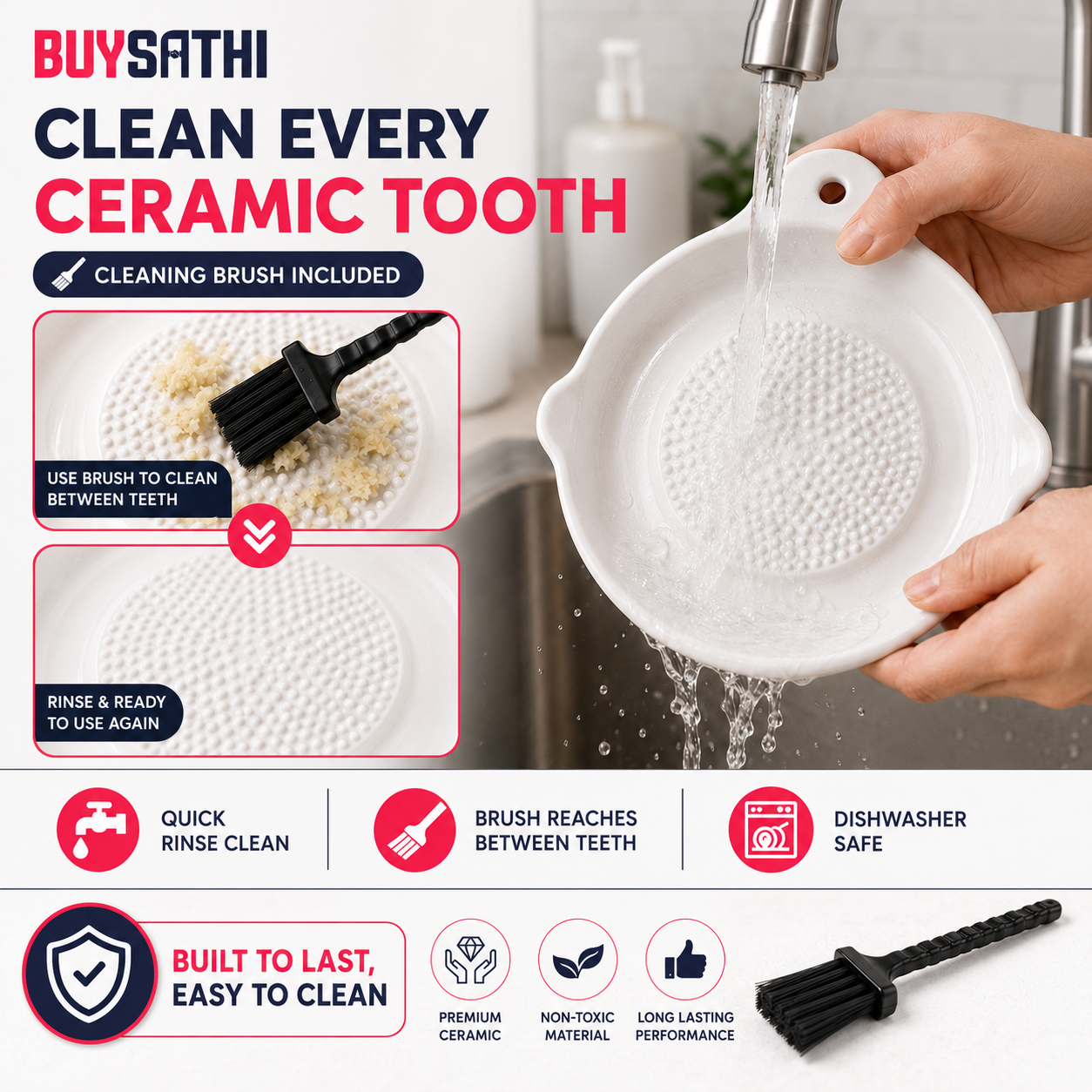 Ceramic Ginger Garlic Grater Plate with Brush Manual Crusher Grinder Tool for Ginger, Garlic, Turmeric, Nutmeg, Fruits & Vegetables Durable, Easy to Clean, Non-Slip Kitchen Utensil (6.3 Inch)