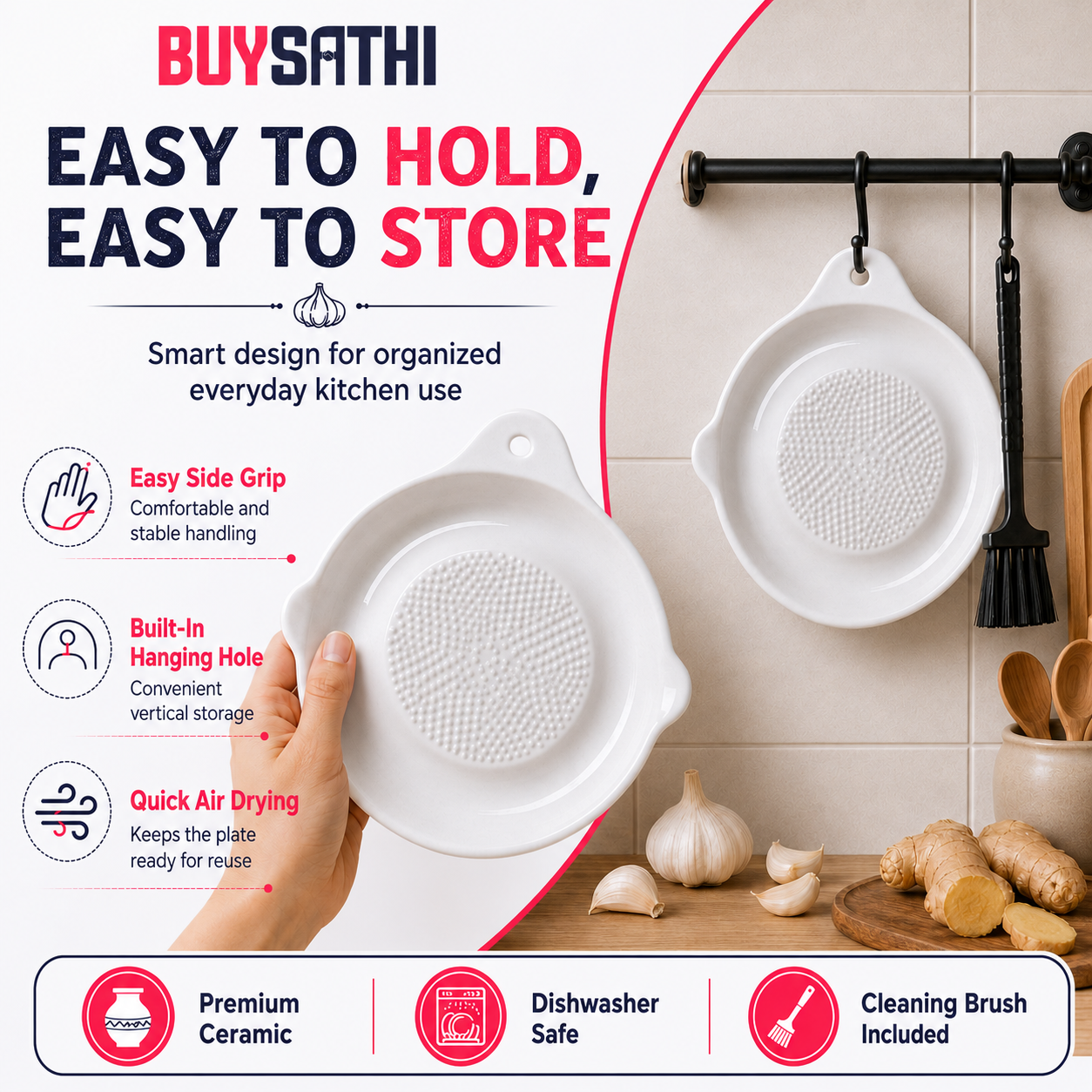 Ceramic Ginger Garlic Grater Plate with Brush Manual Crusher Grinder Tool for Ginger, Garlic, Turmeric, Nutmeg, Fruits & Vegetables Durable, Easy to Clean, Non-Slip Kitchen Utensil (6.3 Inch)