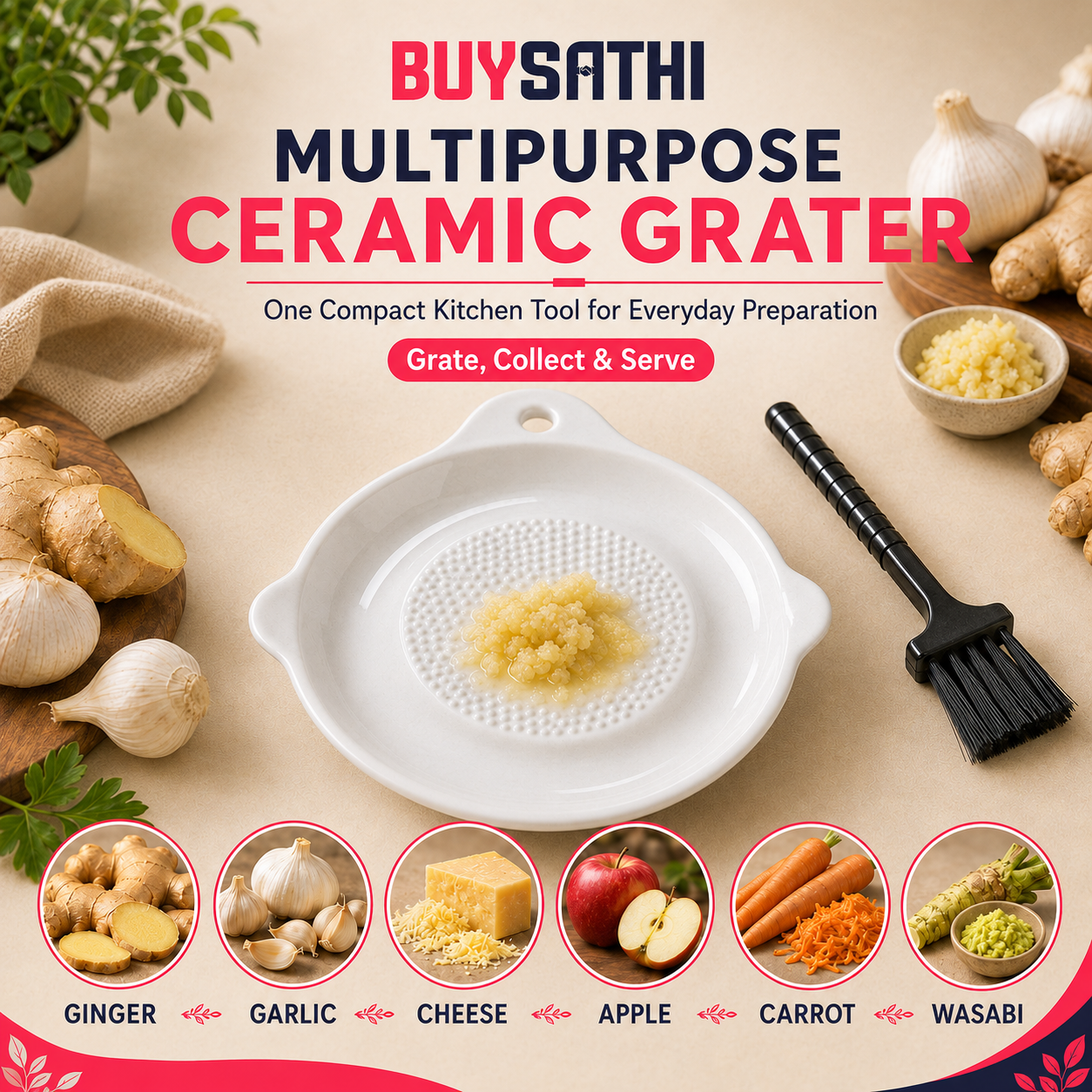 Ceramic Ginger Garlic Grater Plate with Brush Manual Crusher Grinder Tool for Ginger, Garlic, Turmeric, Nutmeg, Fruits & Vegetables Durable, Easy to Clean, Non-Slip Kitchen Utensil (6.3 Inch)