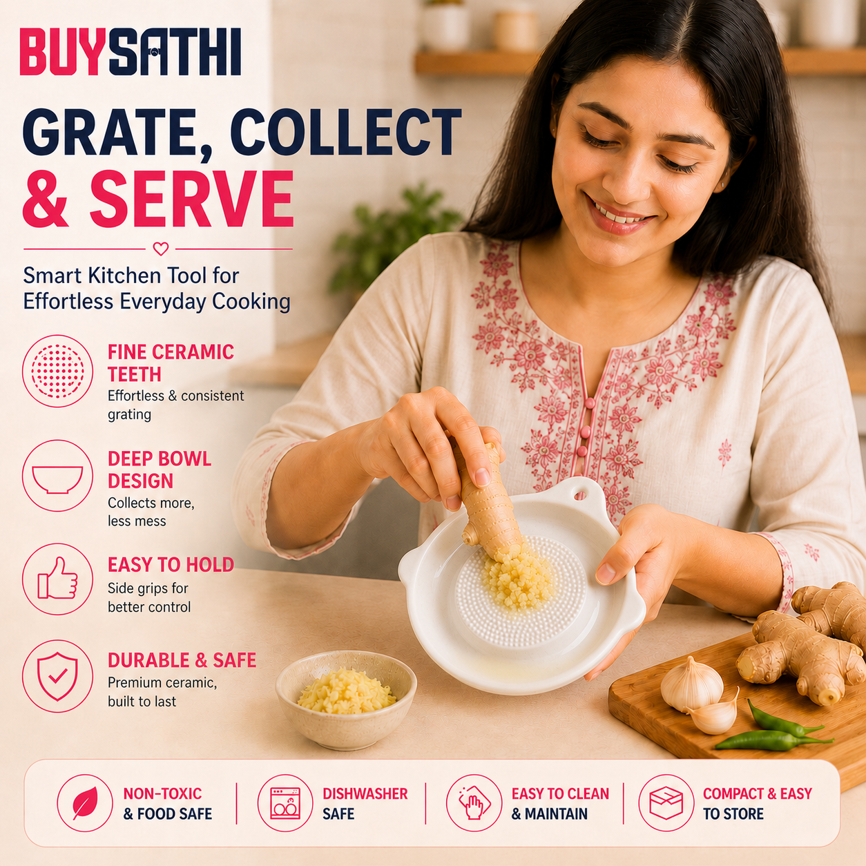 Ceramic Ginger Garlic Grater Plate with Brush Manual Crusher Grinder Tool for Ginger, Garlic, Turmeric, Nutmeg, Fruits & Vegetables Durable, Easy to Clean, Non-Slip Kitchen Utensil (6.3 Inch)