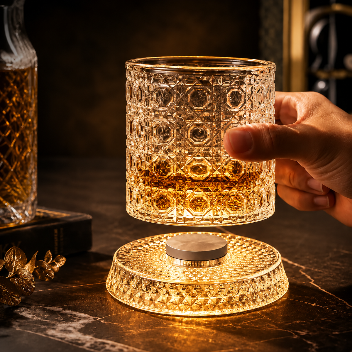 Luxury Rotating Whiskey Glass | Crystal Cut Spinning Whisky Glass with 360 Degree Rotating Coaster | Premium Barware Gift for Men & Whiskey Enthusiasts