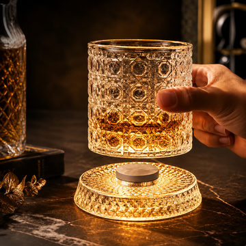 Luxury Rotating Whiskey Glass | Crystal Cut Spinning Whisky Glass with 360 Degree Rotating Coaster | Premium Barware Gift for Men & Whiskey Enthusiasts