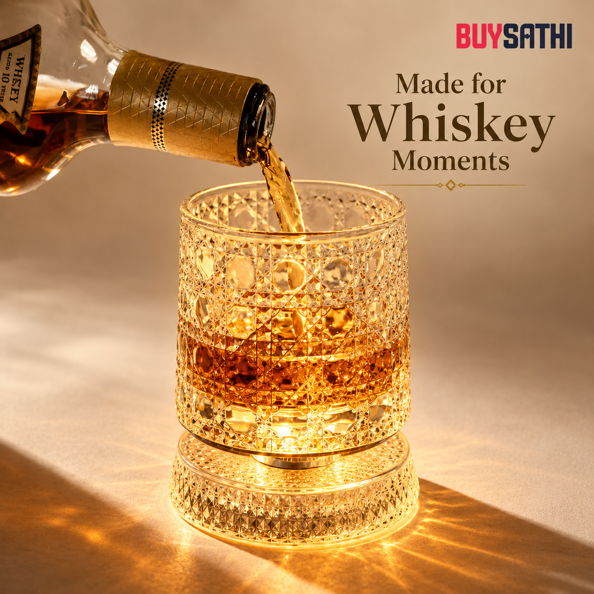 Luxury Rotating Whiskey Glass | Crystal Cut Spinning Whisky Glass with 360 Degree Rotating Coaster | Premium Barware Gift for Men & Whiskey Enthusiasts